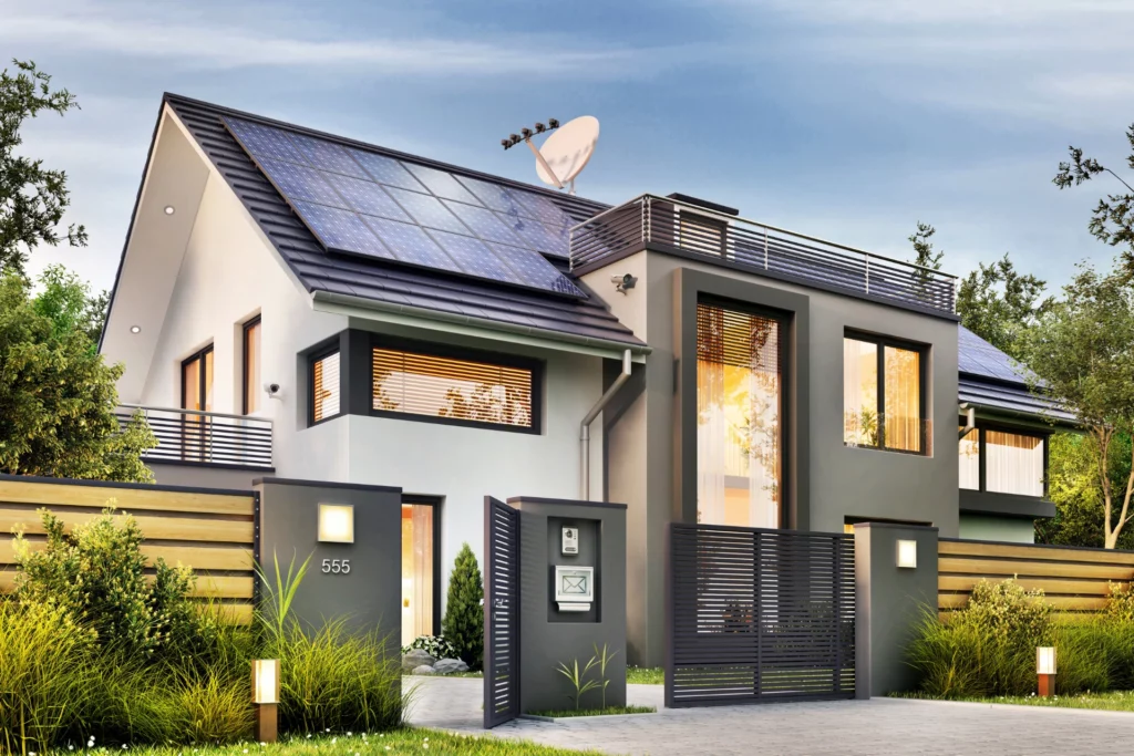 modern white house with solar panels